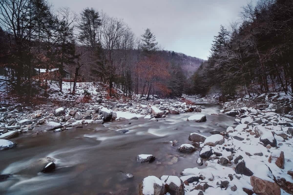 A serene outdoor scene captures a snow-covered rocky river flowing through a densely wooded valley under a soft, cloudy sky. Bare trees line the riverbanks and hills, creating a tranquil winter landscape.