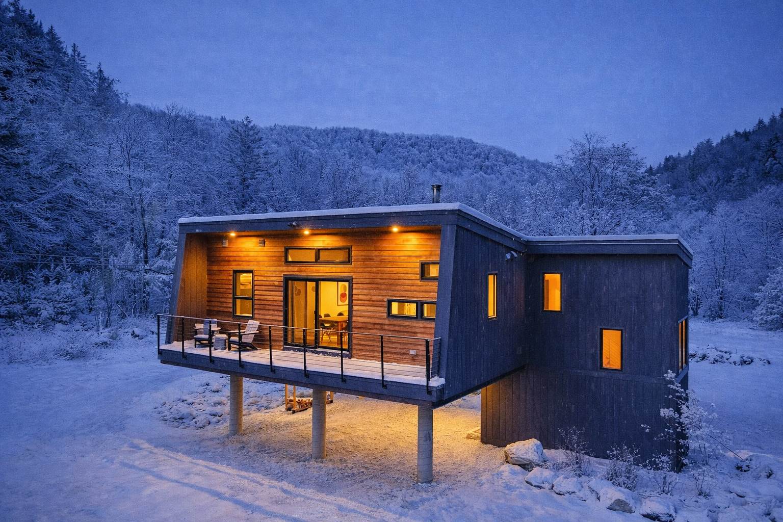 Modern elevated house at dusk in a snowy landscape, with interior lights glowing warmly through its windows and exterior lights illuminating the front balcony. The surrounding forest is covered in snow under a twilight sky.
