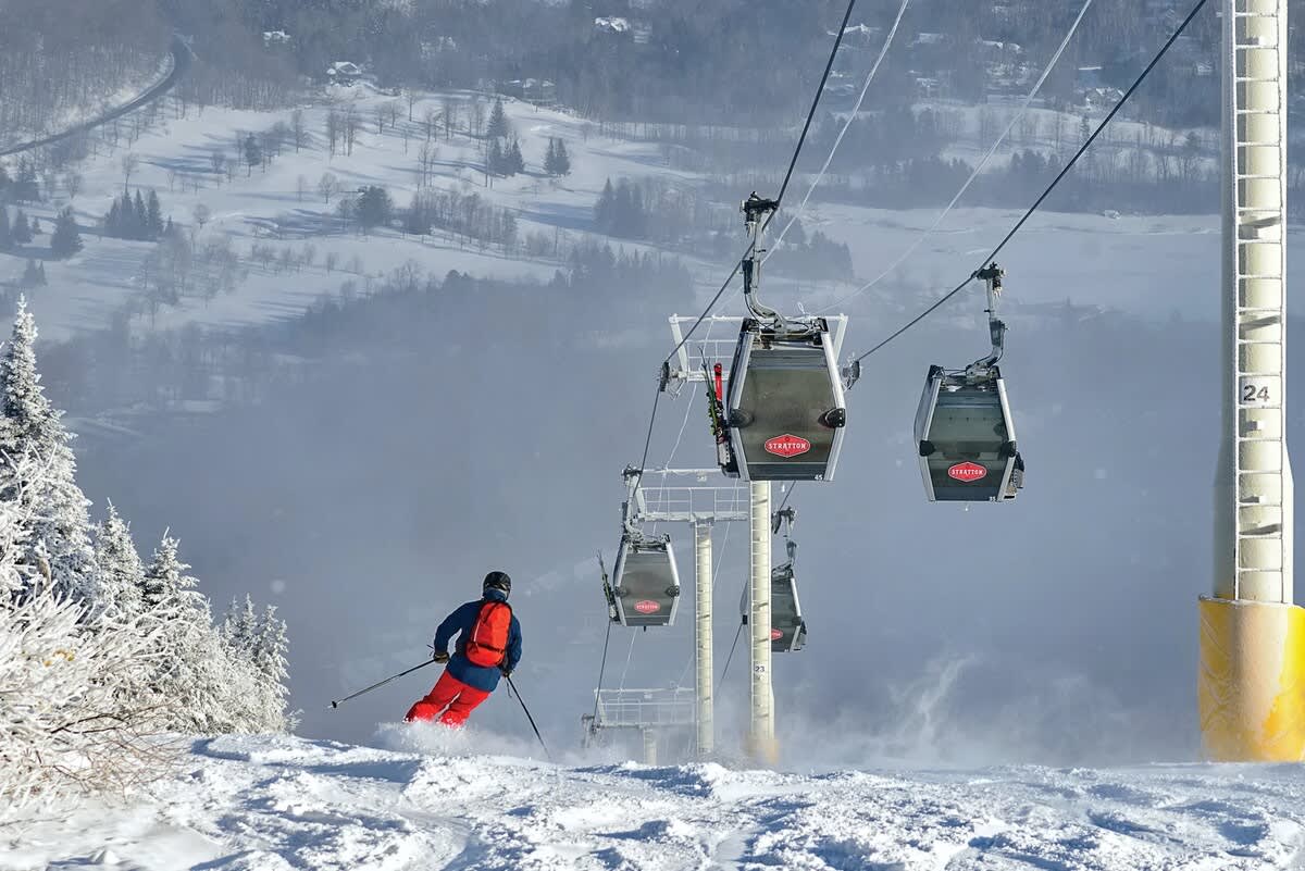 A skier in a red and blue jacket carves down a snow-covered mountain slope, with multiple ski lift gondolas overhead and frosted trees lining the run, under a bright winter sky.