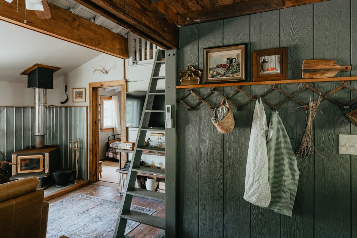 Rustic living space with a dark gray ladder leading to a loft, a wood stove, and a dark green shiplap wall adorned with rustic decor and a coat rack.