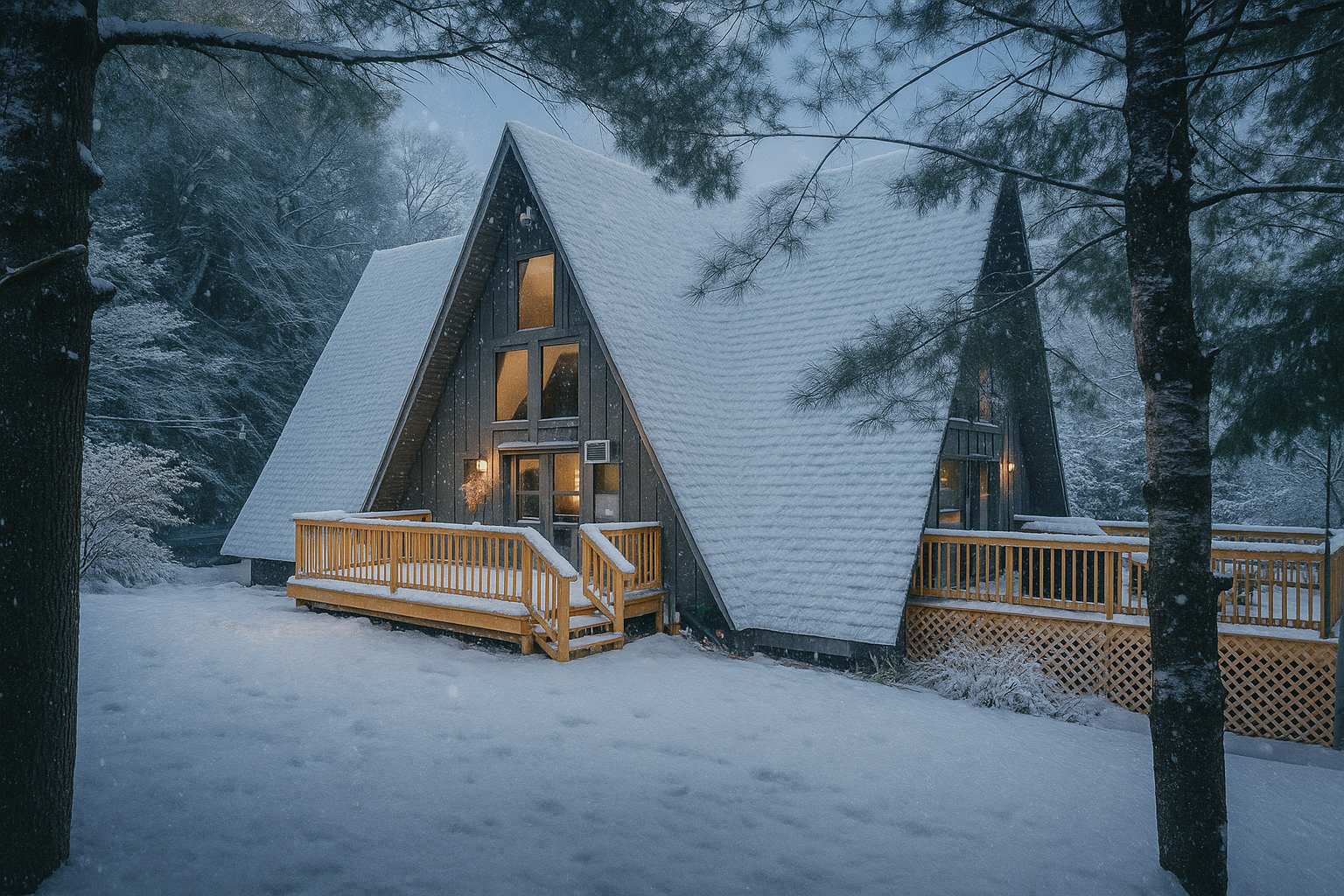 A picturesque view of the A-frame cabin covered in a blanket of fresh snow, with its wooden deck and surrounding trees also dusted in white, creating a serene winter wonderland scene.