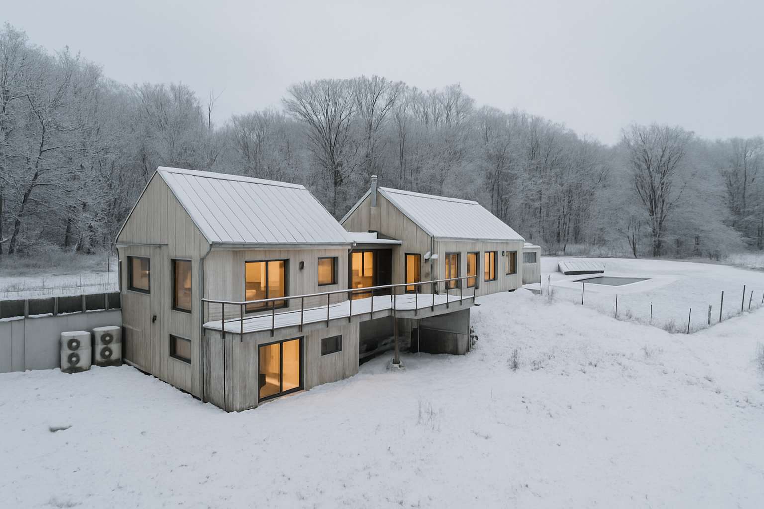 An aerial view reveals a modern, light-wood sided house with a metal roof, nestled in a snow-covered landscape with bare trees, featuring a raised deck and illuminated windows.