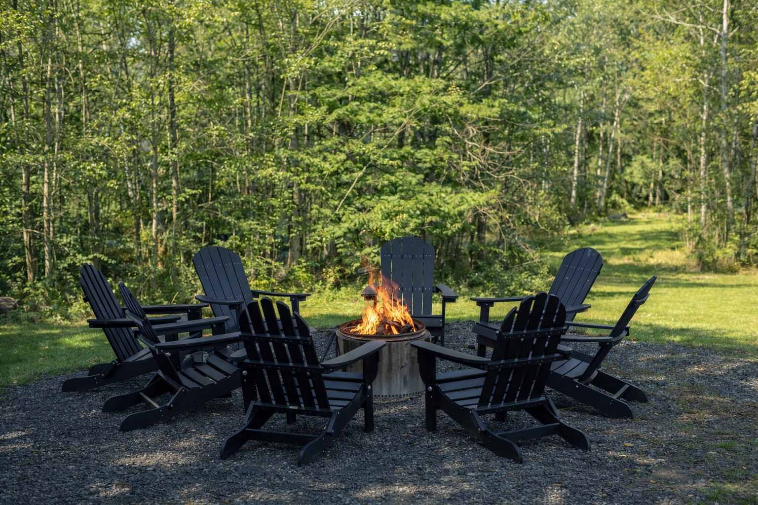 An outdoor fire pit area with a circular arrangement of eight black Adirondack chairs on a gravel surface, surrounding a metal fire pit with a small fire, all set against a backdrop of lush green trees.