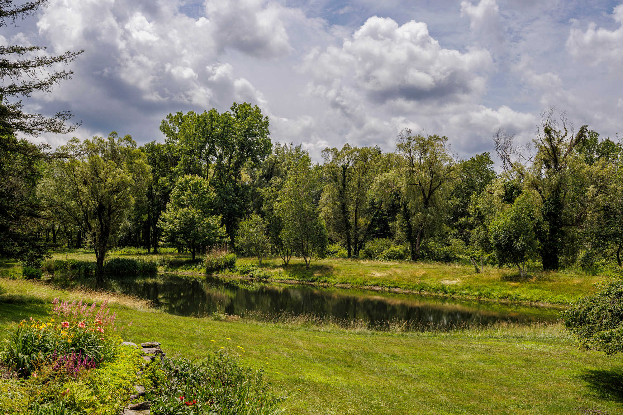 Expansive green lawn slopes down to a tranquil pond, surrounded by lush, mature trees under a dramatic cloudy sky. Colorful flowers bloom in the foreground, adding a touch of vibrancy to the natural landscape.