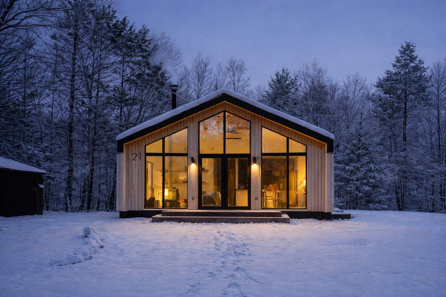 The modern A-frame cabin is beautifully illuminated at dusk, showcasing its large windows and warm interior lights against a snowy, winter landscape with bare trees.