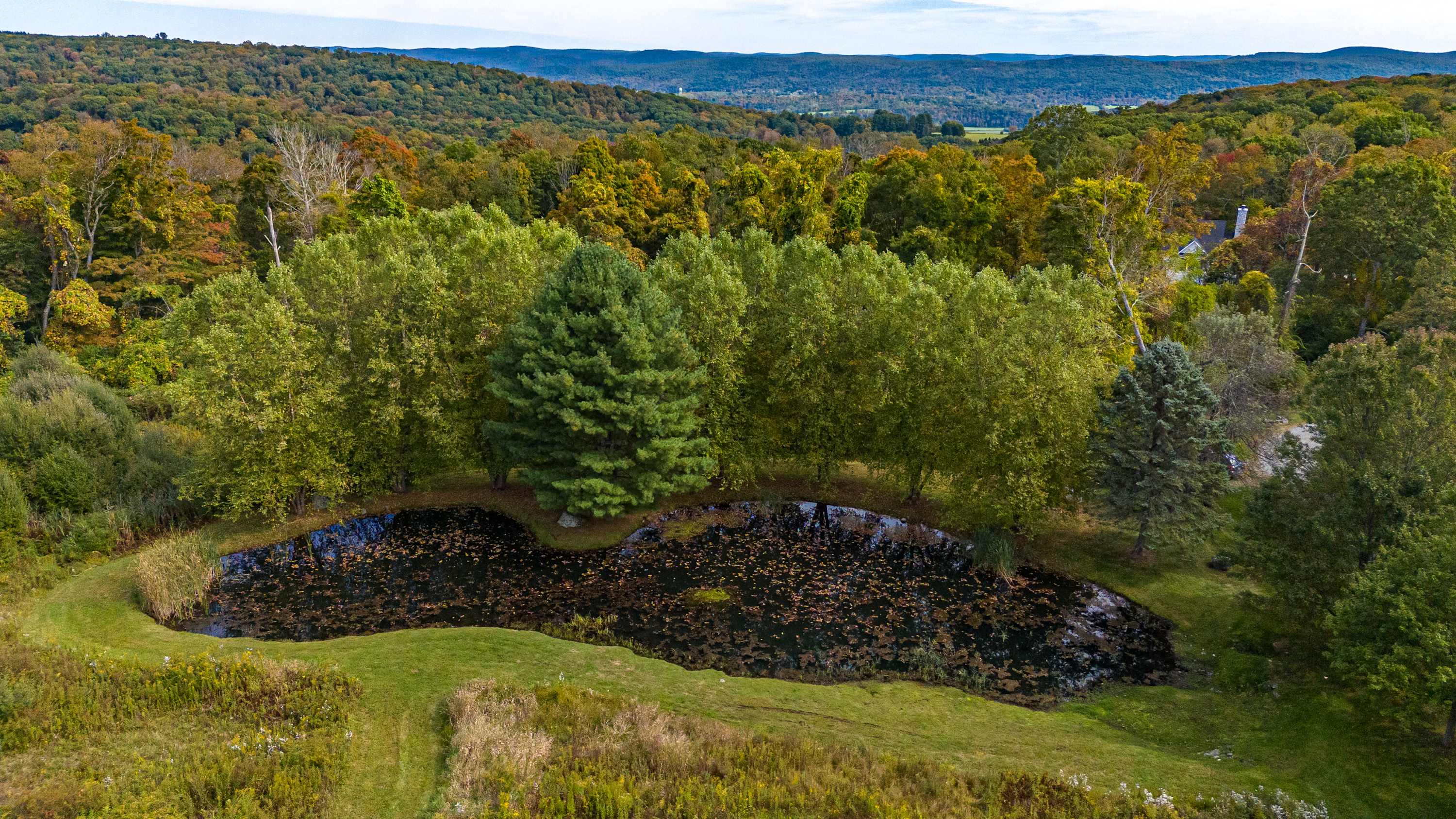 Aerial view showcasing a dark, irregularly shaped pond surrounded by dense green trees and rolling hills. The distant landscape reveals expansive mountain views under a partly cloudy sky.