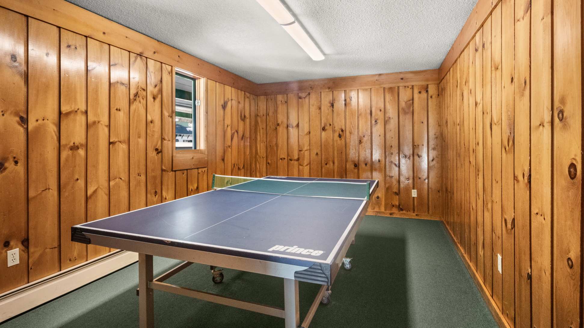 A game room with warm wood-paneled walls and a green carpet features a blue ping pong table in the center. A window offers a glimpse of the outdoors, and fluorescent lighting illuminates the space.