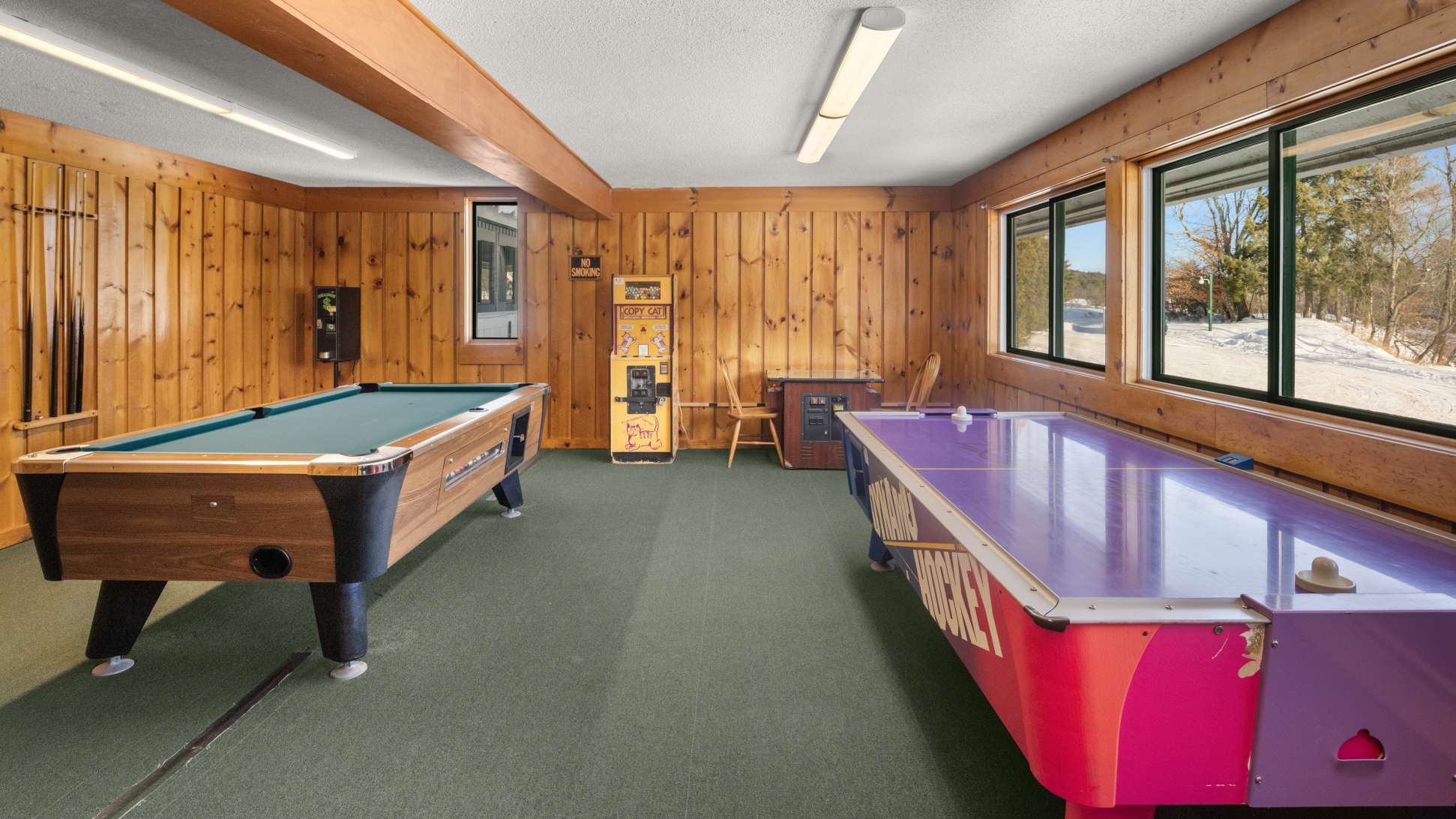 A spacious game room with light wood-paneled walls and green carpet features a pool table and an air hockey table. Large windows overlook a snowy outdoor scene, and a small arcade machine is visible in the background.