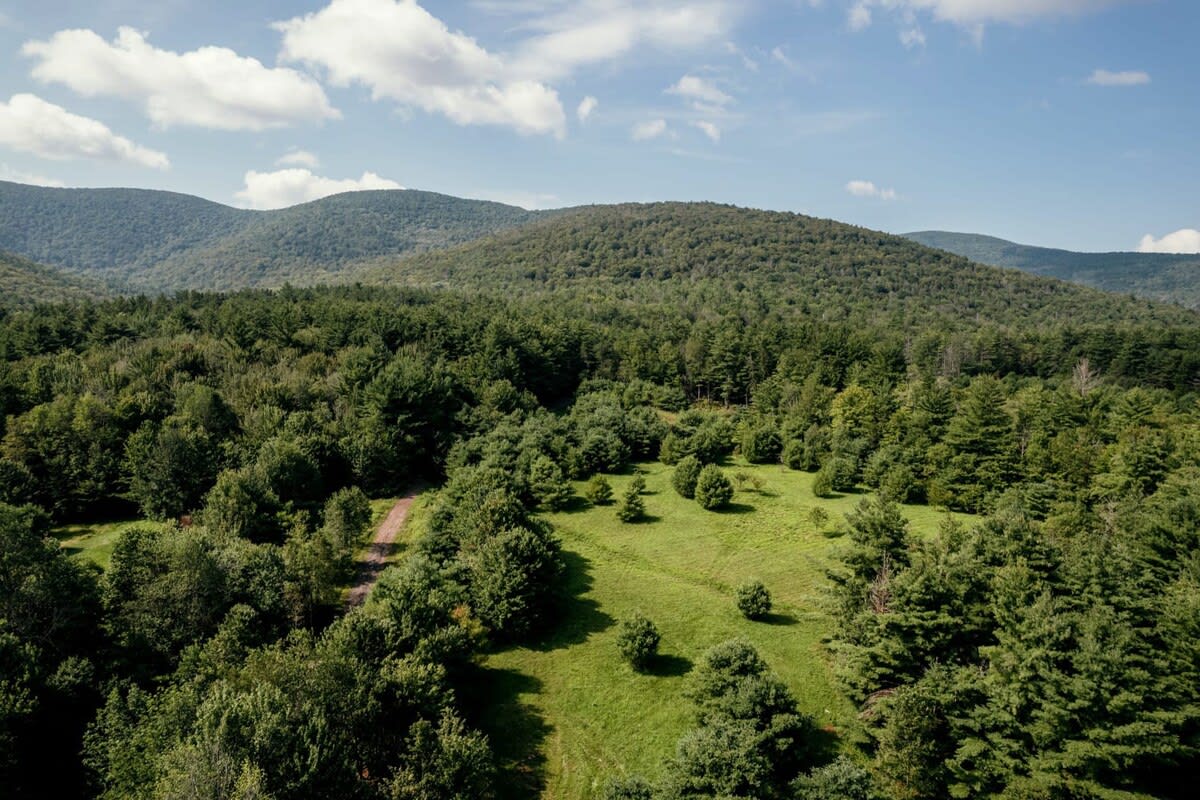 An expansive view of rolling green hills and dense forests under a partly cloudy sky, showcasing the natural beauty and secluded setting of the surrounding mountain landscape.