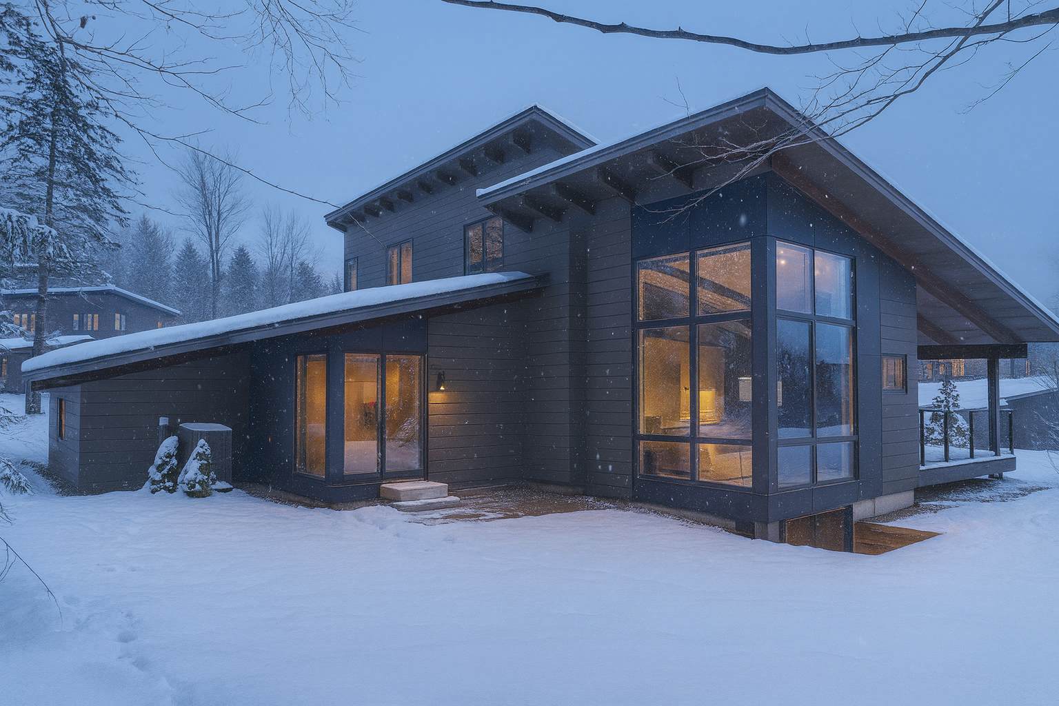 Modern gray house exterior in winter, featuring large floor-to-ceiling windows, a sloped roof, and snow-covered ground, surrounded by bare trees under a soft, snowy sky.