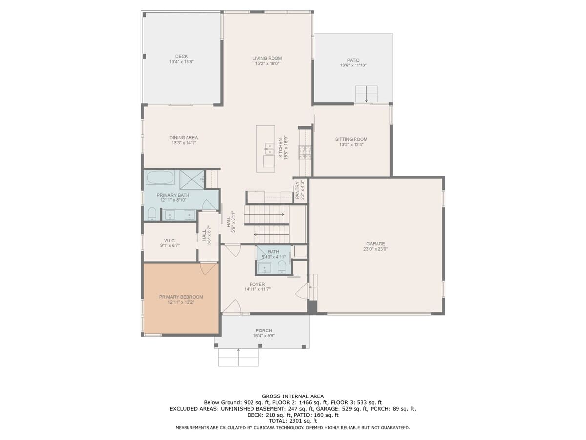 A detailed floor plan for the second floor (main level) of a house, outlining a primary bedroom suite with bath and walk-in closet, a kitchen, dining area, living room, sitting room, garage, deck, and front porch.