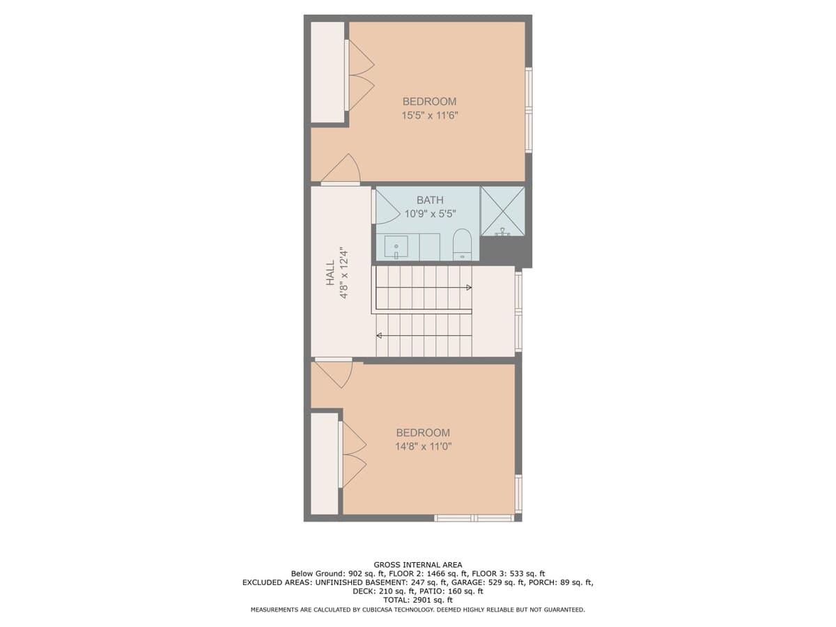 A detailed floor plan for the third floor (upper level) of a house, illustrating the layout of two bedrooms, a central hall, and a shared full bathroom.