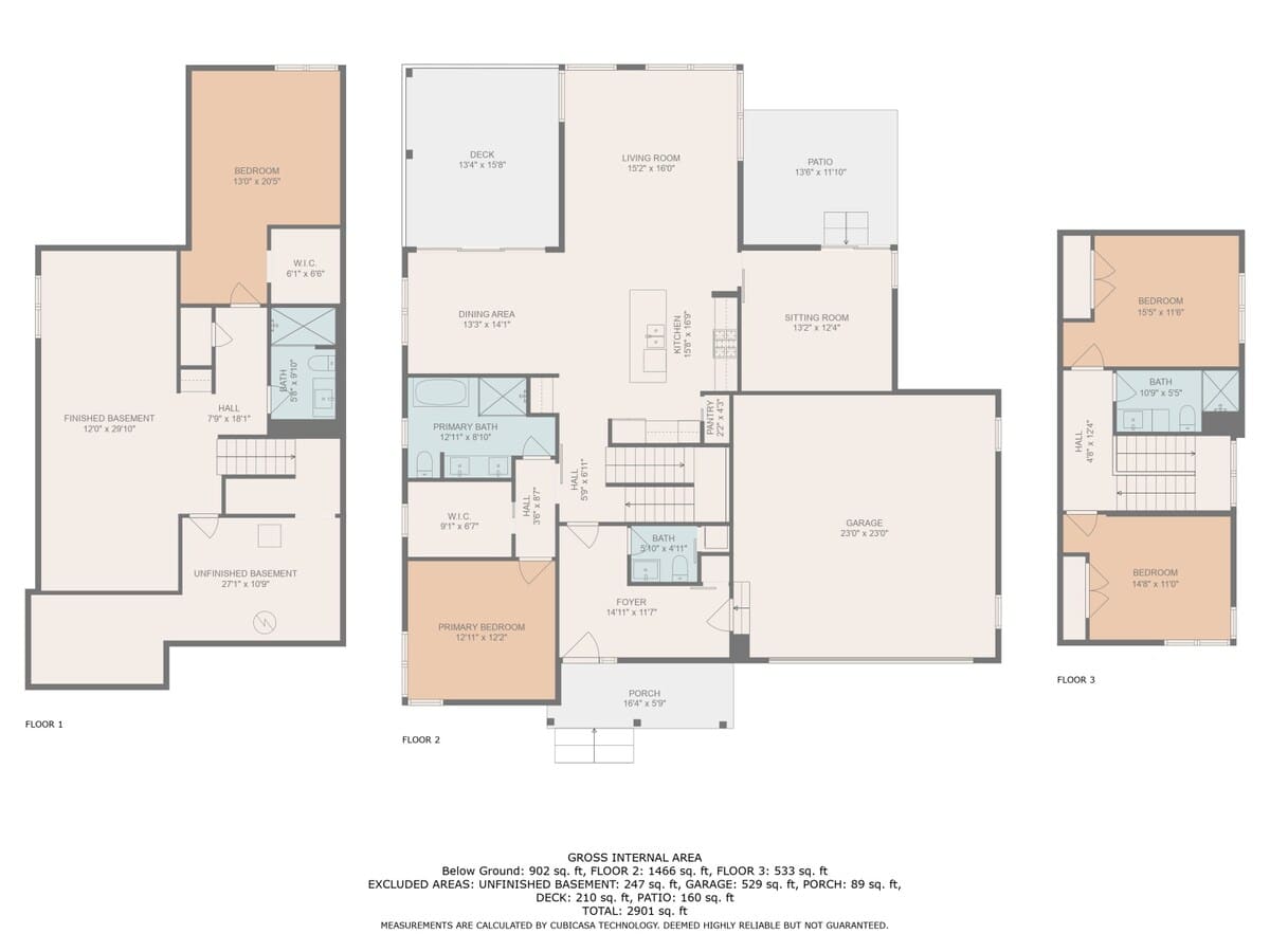 A comprehensive floor plan displaying three levels of a house, detailing room layouts, dimensions, and labels for areas like bedrooms, bathrooms, living room, kitchen, garage, and finished/unfinished basement.