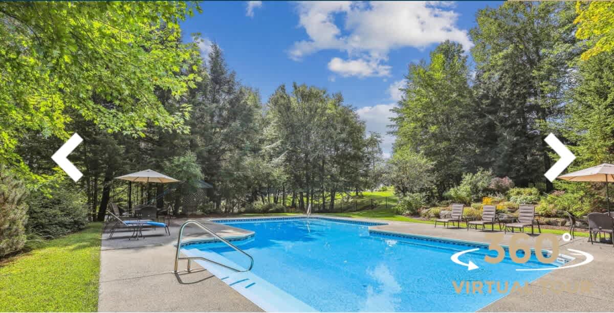 Outdoor swimming pool surrounded by a concrete deck with lounge chairs and umbrellas, set amidst a lush green landscape with tall trees under a bright blue sky.