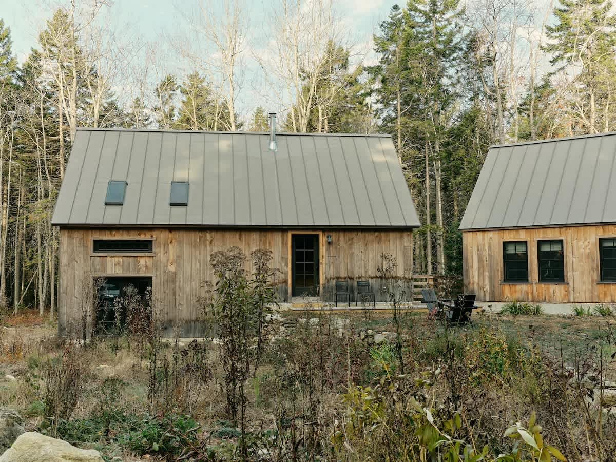 Two rustic wooden cabins with dark metal roofs and skylights are nestled in a sparse forest, surrounded by dry, wild vegetation. The front cabin features a dark-framed glass door and a small deck with outdoor seating.