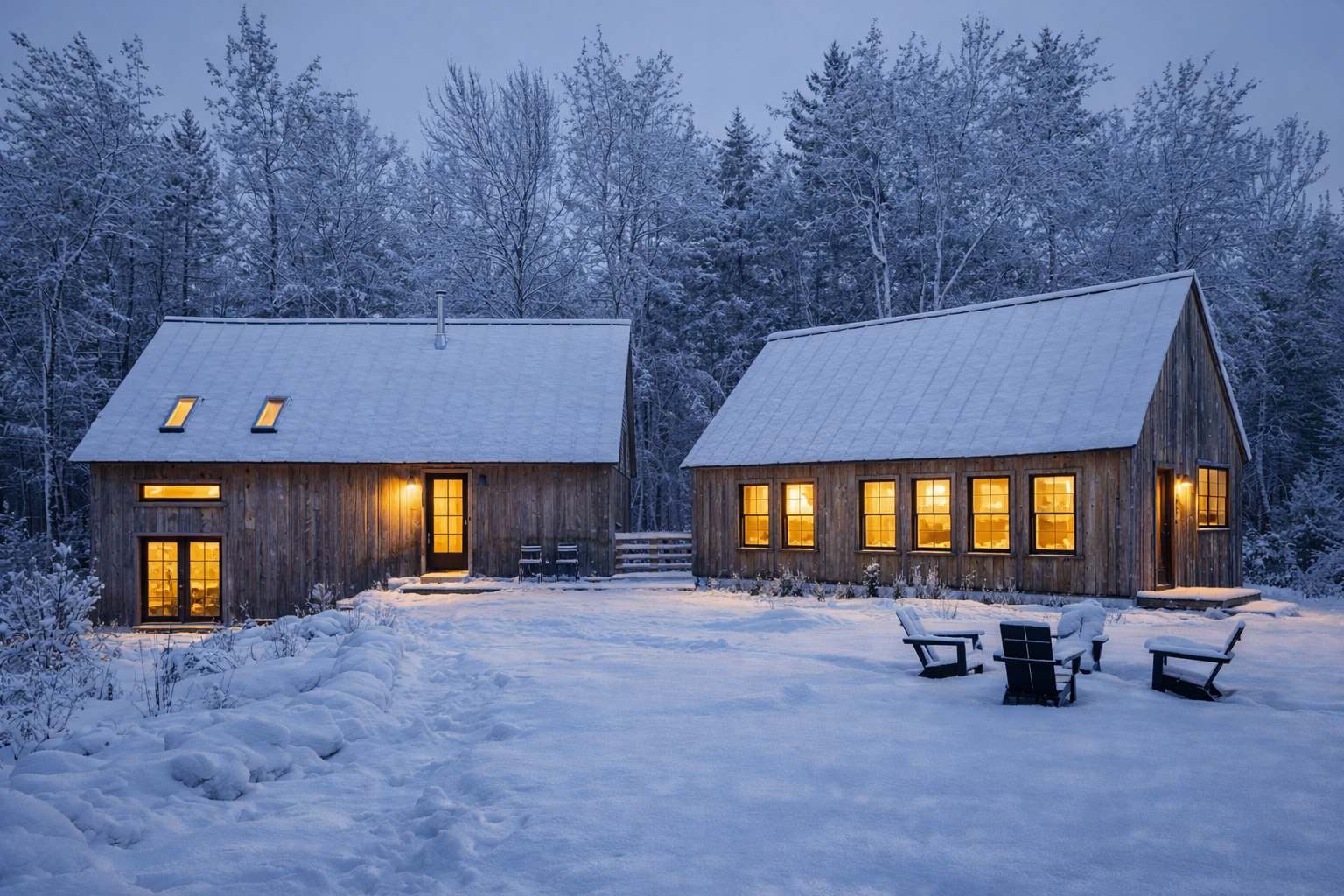 Two cozy wooden cabins with snow-covered metal roofs glow warmly in a twilight winter landscape, surrounded by snow-dusted trees. The cabin on the right features multiple illuminated windows, while the left cabin has a single glowing door and skylights.