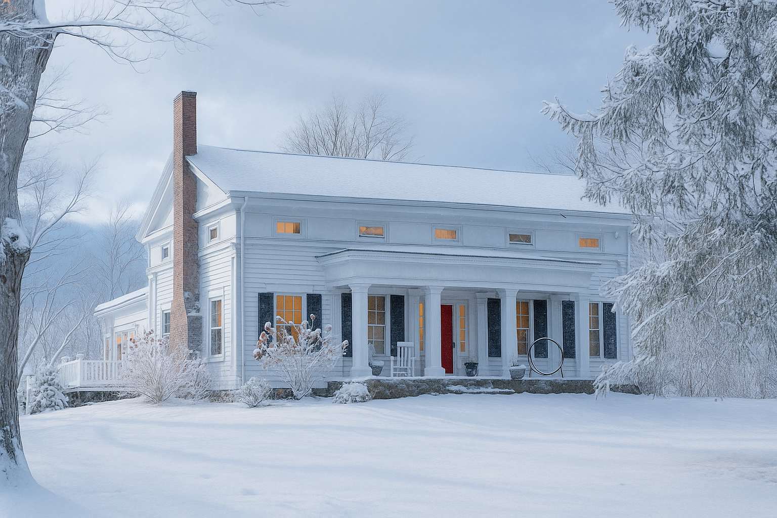 A picturesque historic white farmhouse blanketed in snow, featuring a grand front porch with white columns and a striking red front door. Black shutters frame the windows, and a tall brick chimney rises from the side, all set against a serene, snow-covered landscape with bare trees.