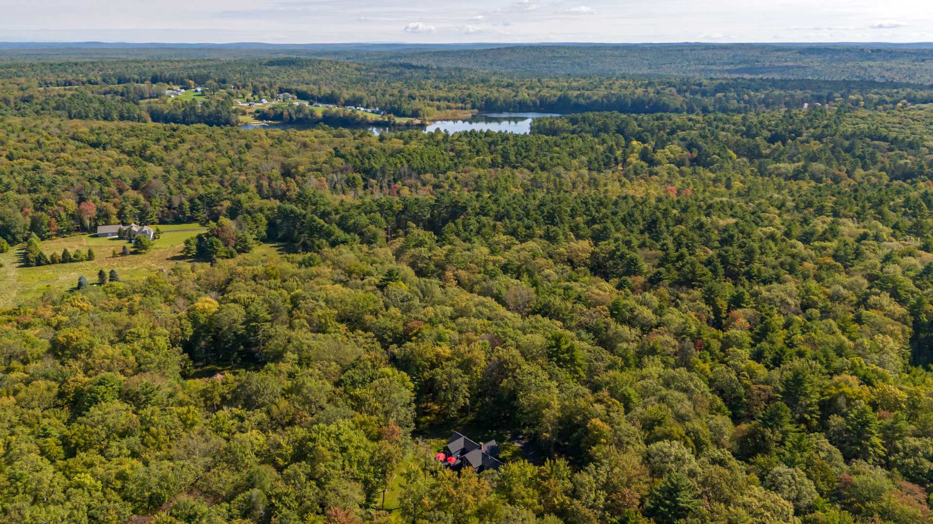 Aerial view of a house with a dark roof nestled within a dense, lush green forest, showcasing some early autumn foliage and a small lake visible in the distance.