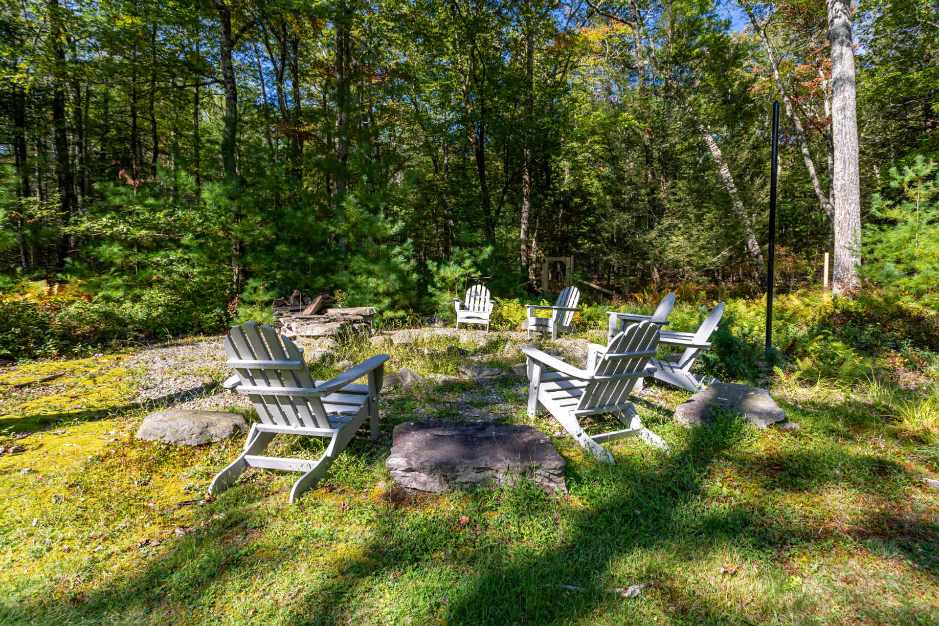 A rustic outdoor fire pit area is set in a clearing within a forest, featuring several light grey Adirondack chairs arranged around a stone fire pit. The ground is covered in mossy grass and rocks.