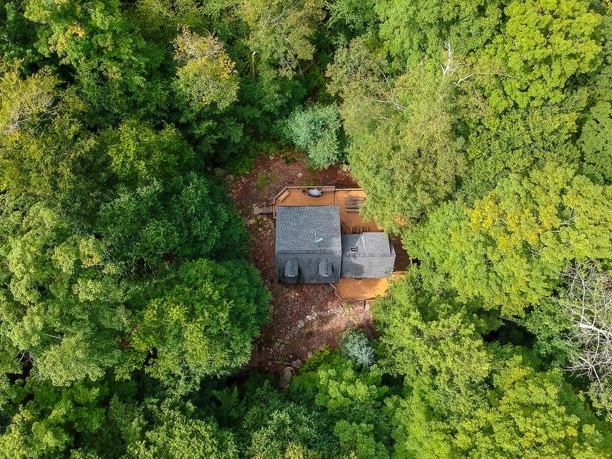 An aerial view of the cabin, revealing its gray roof and wooden deck, completely surrounded by a dense canopy of vibrant green trees. A small path is visible leading to the property.