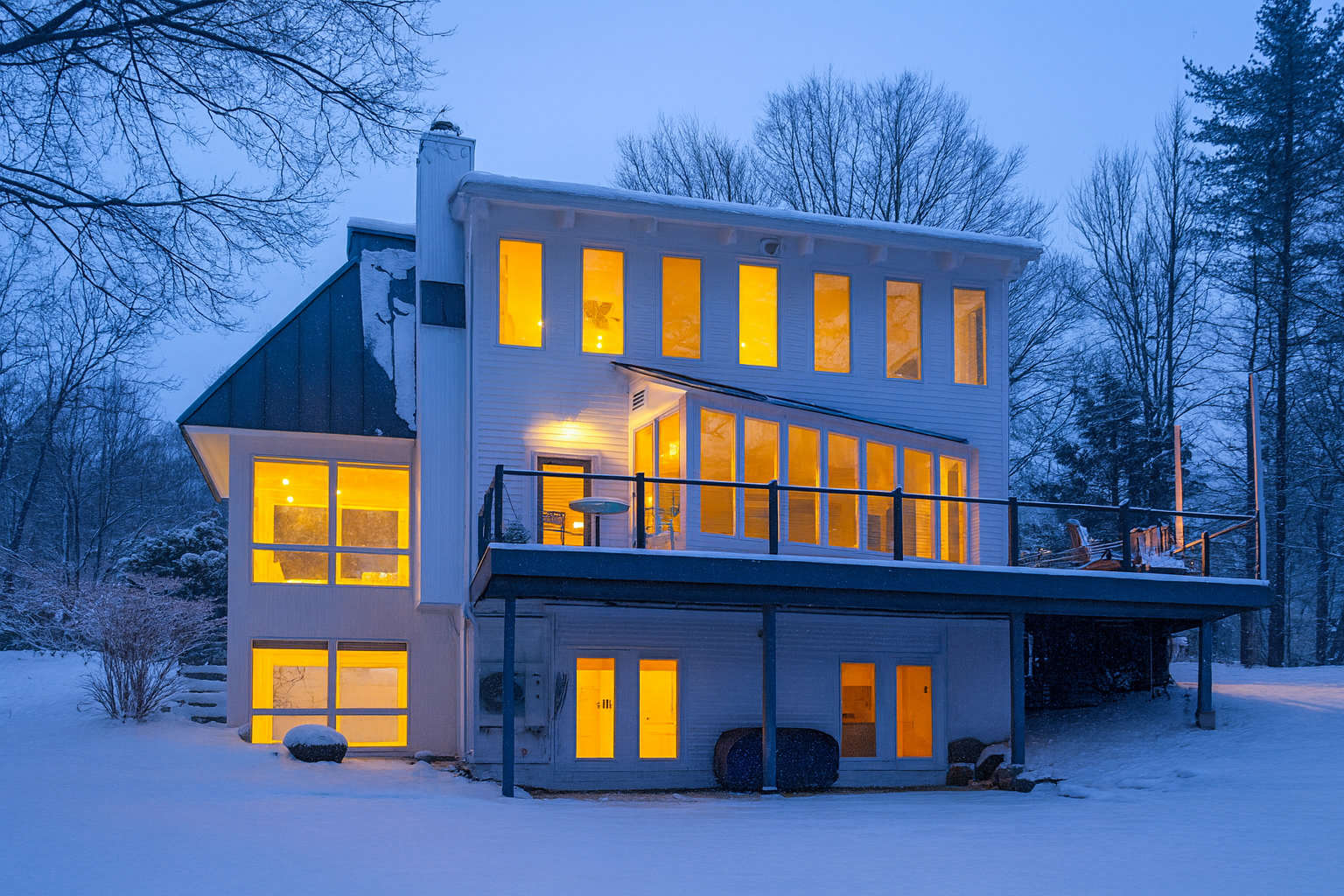 Back of the white house at dusk in winter, with warm interior lights illuminating the numerous windows and a large deck, surrounded by snow-covered ground and bare trees.