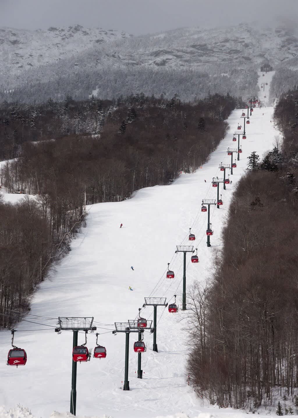 A wide ski slope covered in snow descends a mountain, lined with numerous red chairlifts carrying skiers. Bare trees flank the slope, and distant snow-covered peaks are visible under a cloudy sky, illustrating a winter sports destination.