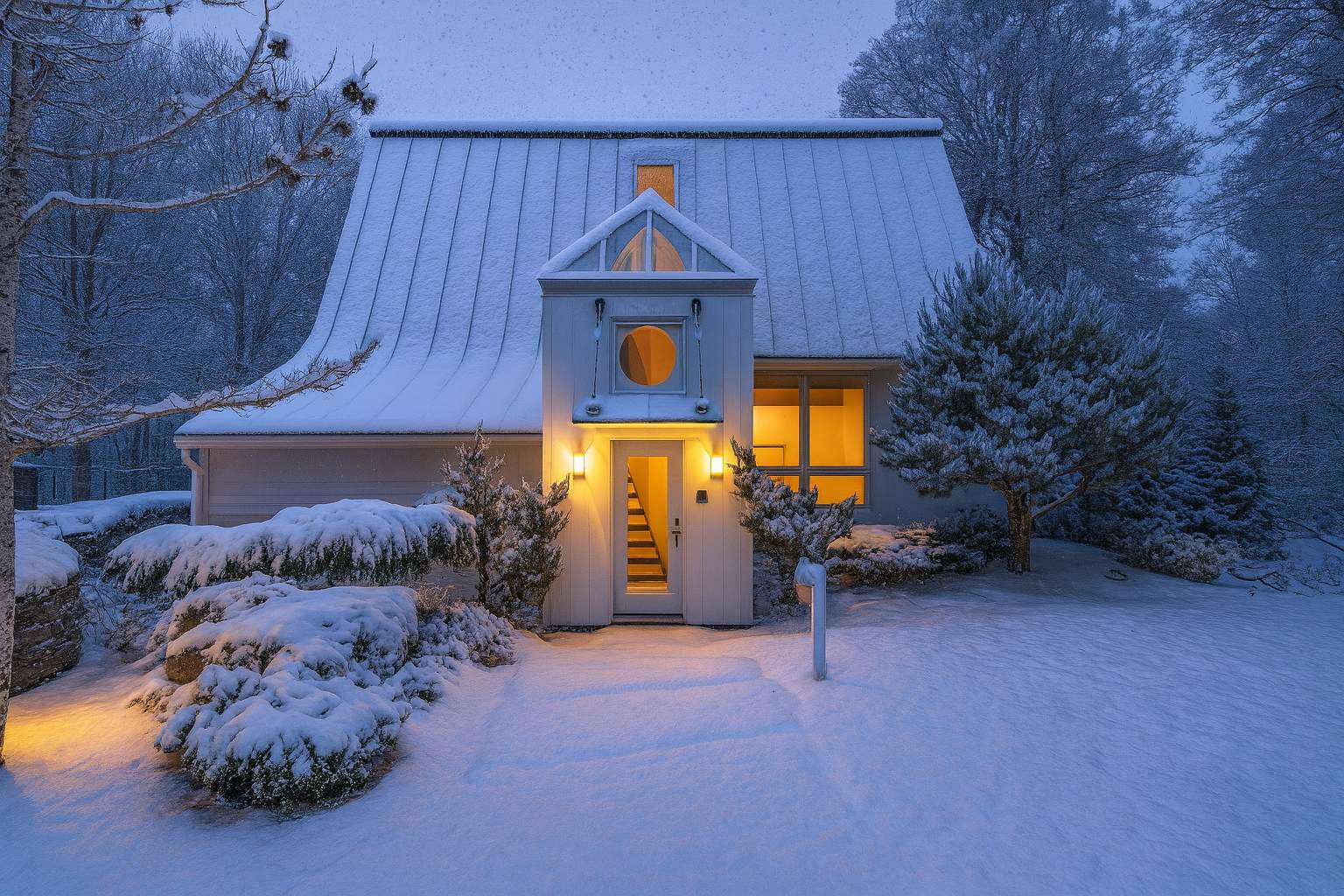 Front entrance of the white house at night in winter, with warm lights glowing from inside and exterior sconces, highlighting the snow-covered landscaping and unique architectural details.