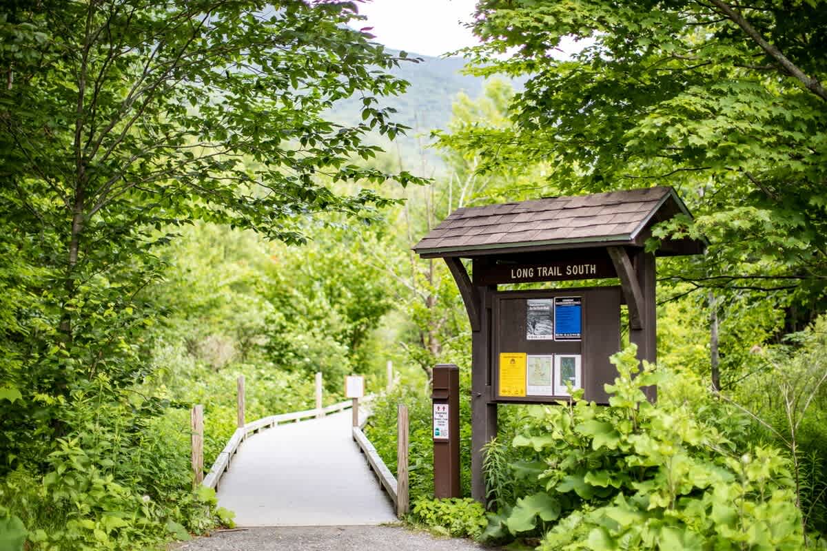 A wooden sign marks the entrance to 'Long Trail South,' leading to a boardwalk path winding through a dense, vibrant green forest. The path is surrounded by lush foliage and tall trees, inviting exploration.