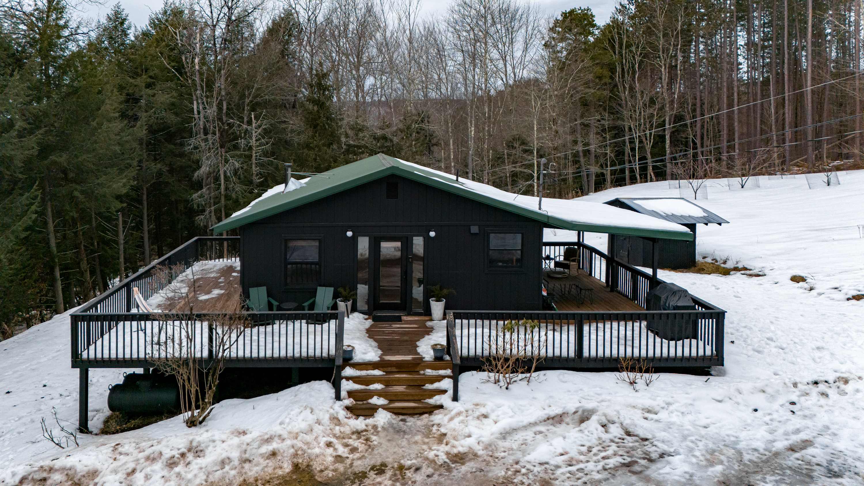 An aerial view of the black-painted house with a green roof, surrounded by snow-covered ground and bare winter trees, showcasing the large wooden deck and the natural, secluded setting.