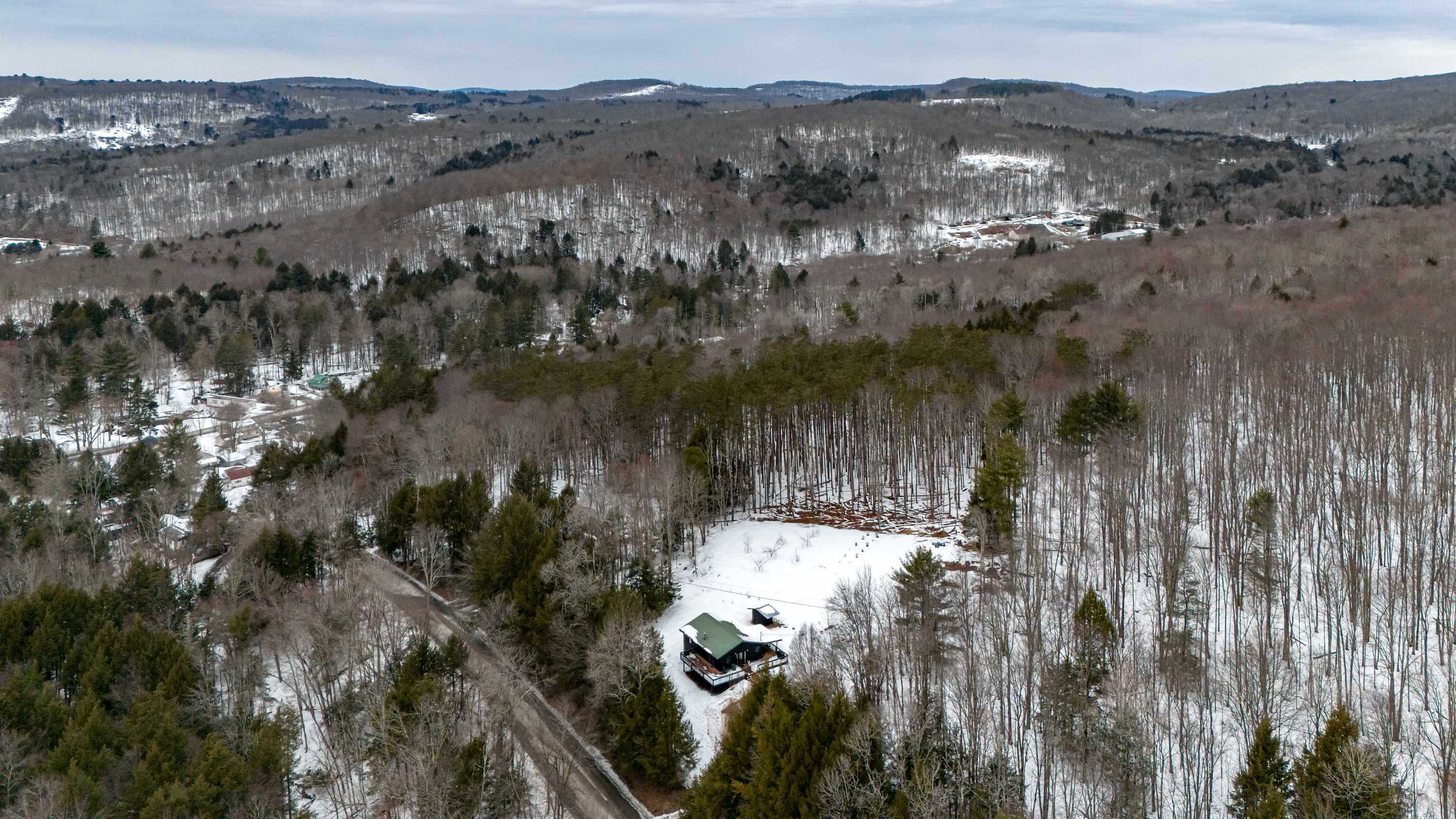 An aerial view of a dark-colored house with a green roof, nestled in a snow-covered forest of evergreen and bare deciduous trees. A winding road is visible to the left, with rolling, wooded hills extending into the distance under a cloudy sky.