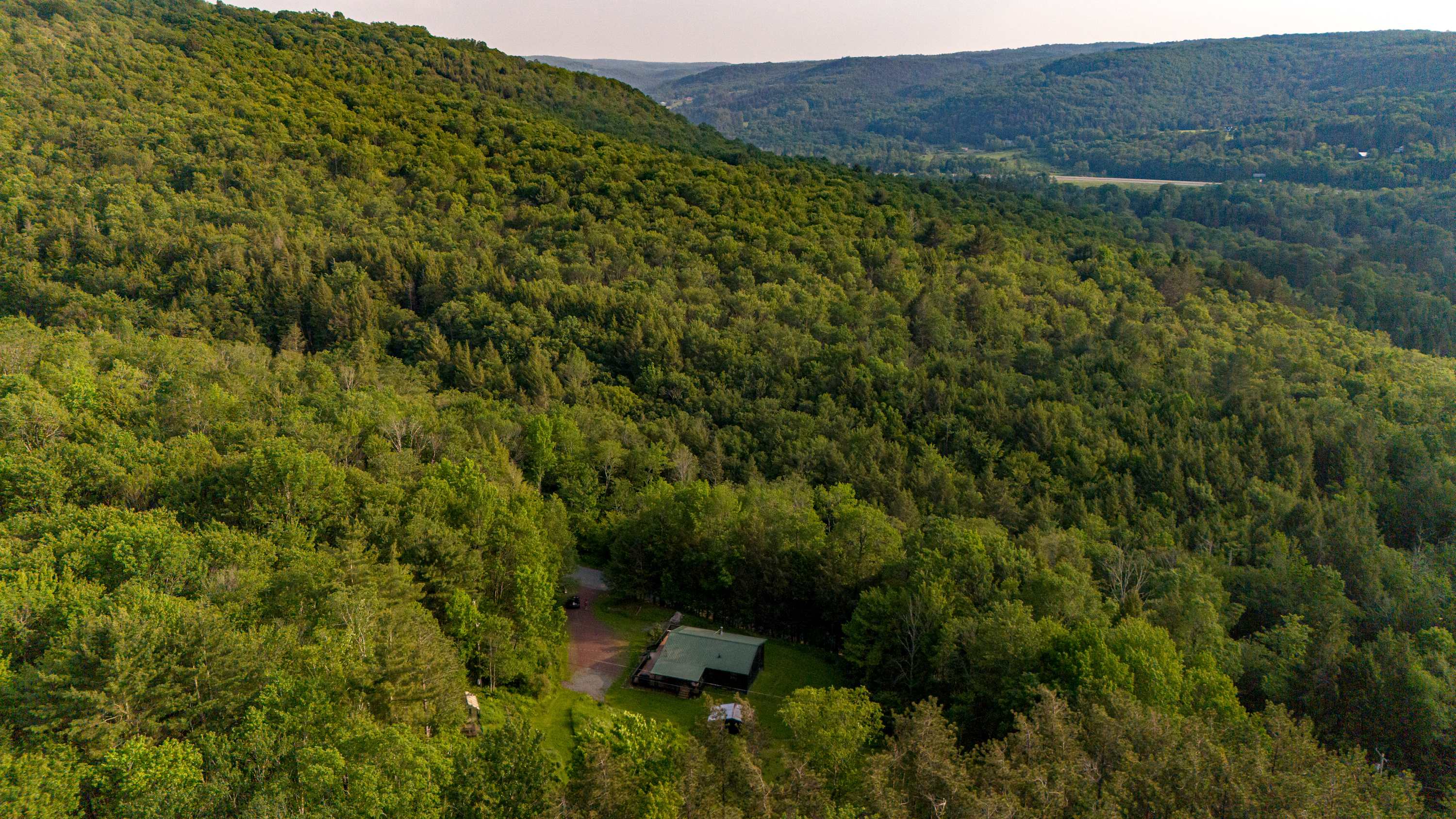 Expansive aerial view of the dark-colored cabin nestled within a vast, lush green forest, surrounded by rolling hills and distant mountains under a bright sky. The property appears secluded and private.