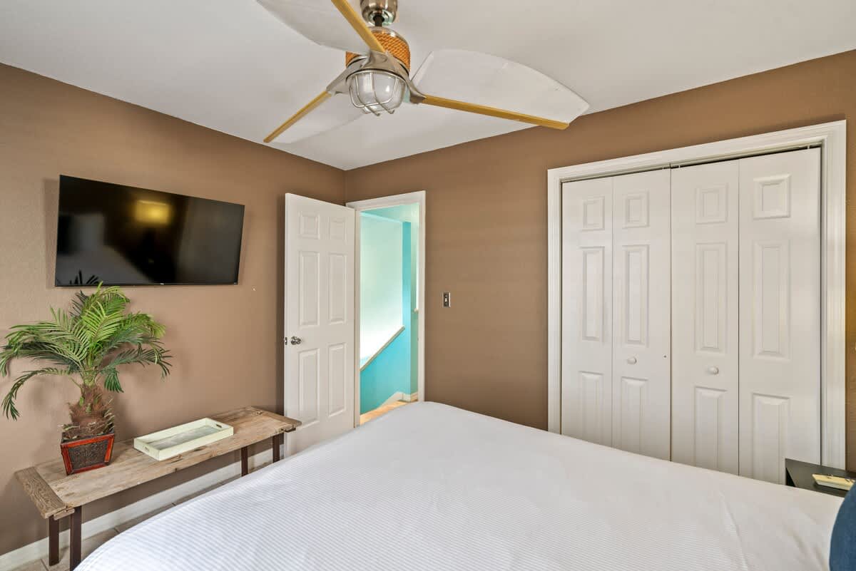 Cozy bedroom with warm brown walls, a white-linened bed, a wall-mounted flat-screen TV, and a tropical plant on a rustic wooden bench. A ceiling fan with light fixture hangs overhead.