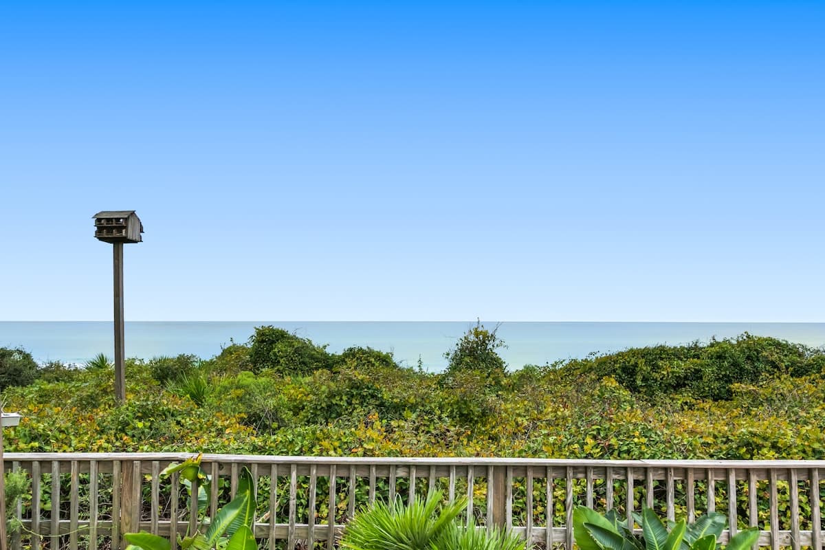 Panoramic view of the calm blue ocean over a dense expanse of green coastal vegetation, with a wooden fence in the foreground and a multi-compartment birdhouse on a tall pole.