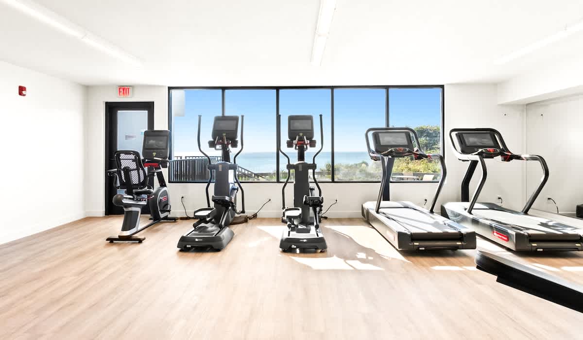 A bright fitness room features light wood-look flooring and a large window overlooking the ocean. Several cardio machines, including treadmills and ellipticals, are arranged to face the scenic water view.