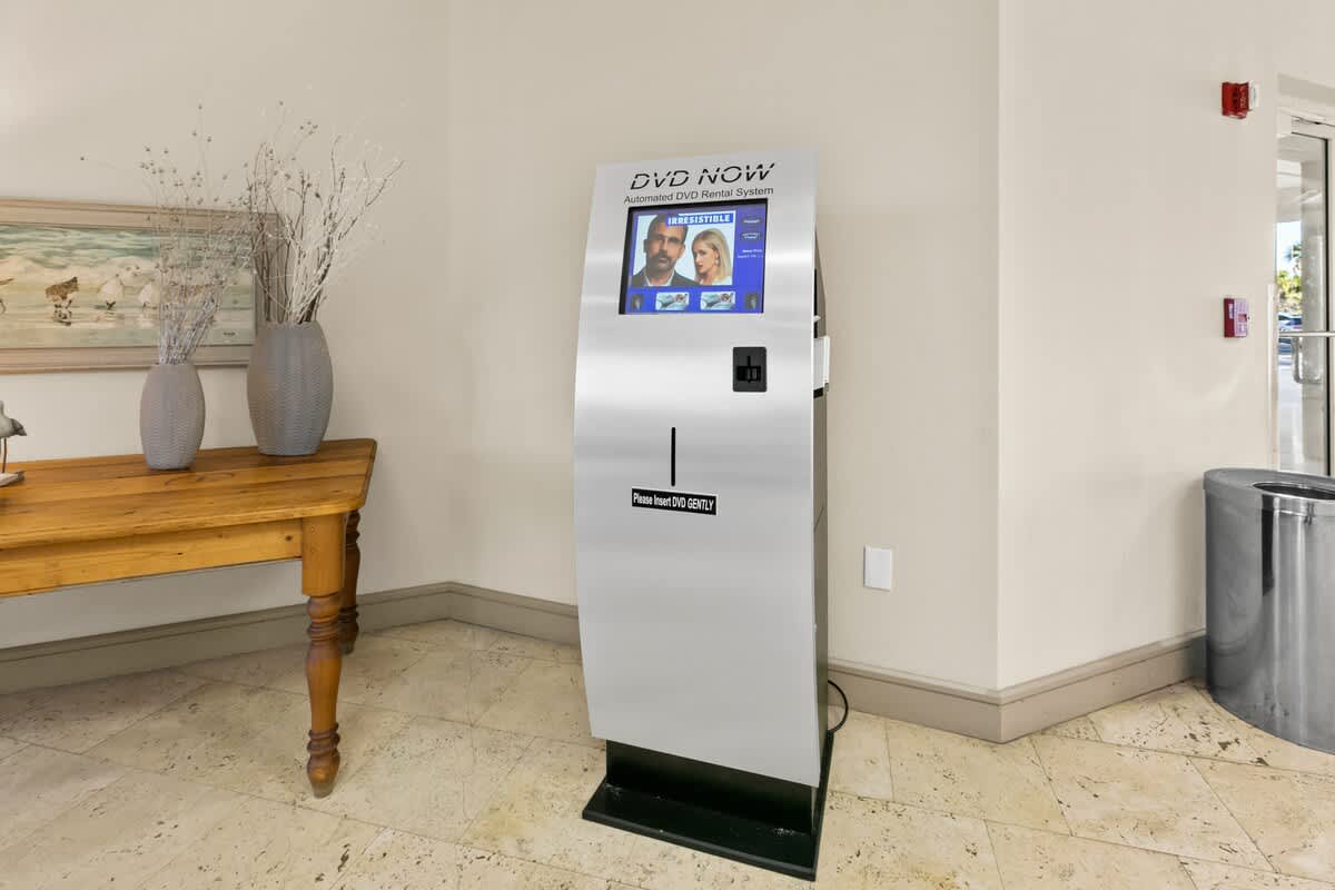 A close-up of a silver "DVD NOW" automated rental system kiosk, positioned next to a rustic wooden console table adorned with vases holding decorative branches. A framed artwork hangs on the wall above the table.