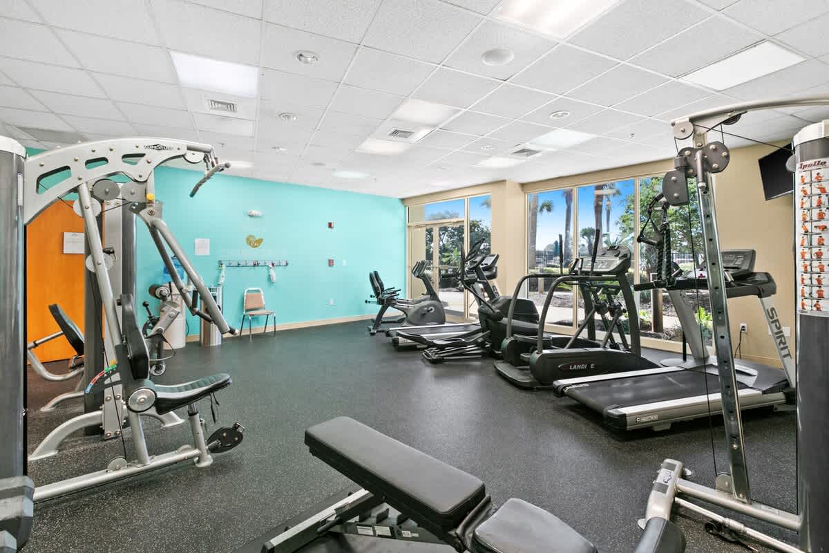 A comprehensive view of the communal fitness center, showcasing a mix of weight training equipment and cardio machines, with a light blue accent wall and large windows.