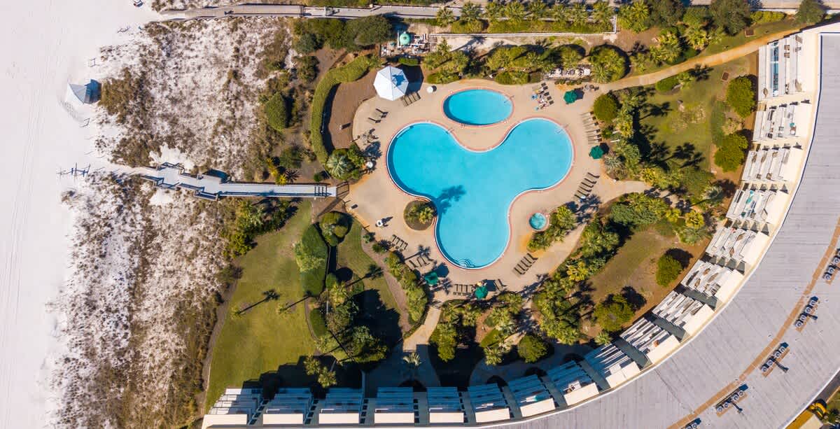 An overhead aerial shot reveals a large, clover-shaped communal swimming pool, bordered by numerous lounge chairs and lush palm trees, with a curved resort building partially visible.