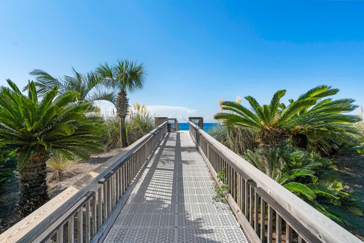 A long wooden boardwalk with railings extends towards the ocean, flanked by lush green dune vegetation and palm trees under a clear blue sky.