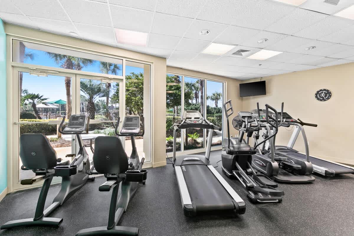 A bright fitness room with multiple treadmills, elliptical machines, and stationary bikes, all facing large windows that offer views of palm trees and an outdoor area. The room has a black rubber floor and a white drop ceiling.