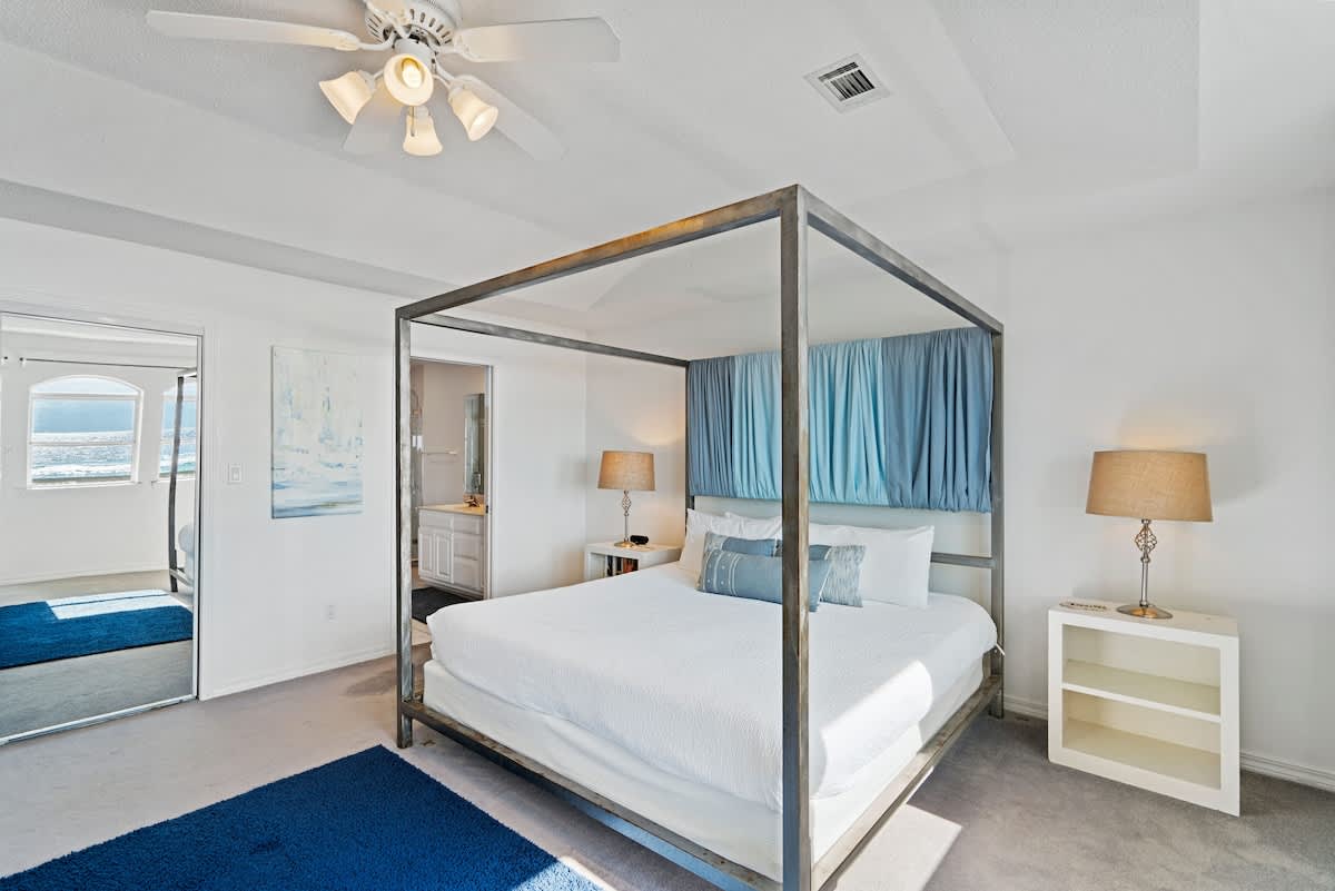 Master bedroom featuring a metal canopy king bed with blue accents, white nightstands, and a mirrored closet, with a glimpse of the en-suite bathroom.