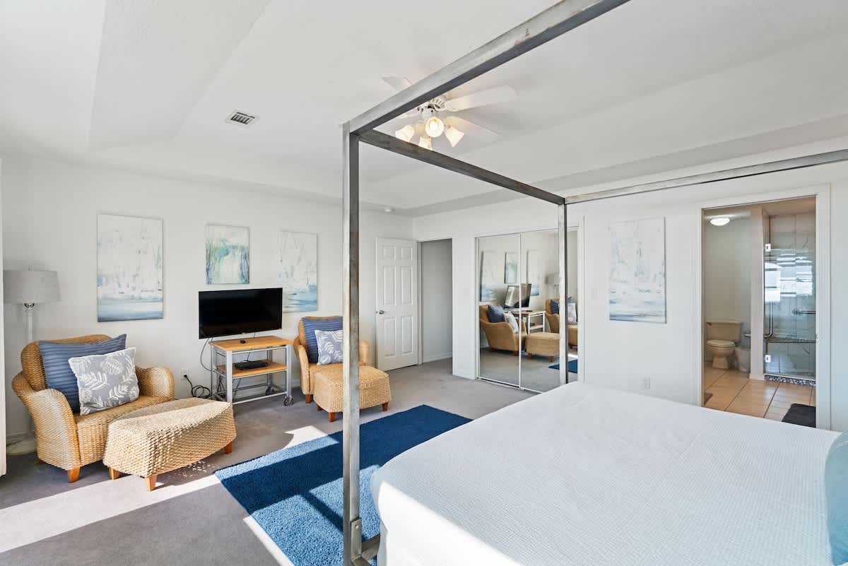 Master bedroom showing a large mirrored closet and the entrance to the en-suite bathroom, with a king canopy bed and a blue rug in the foreground.