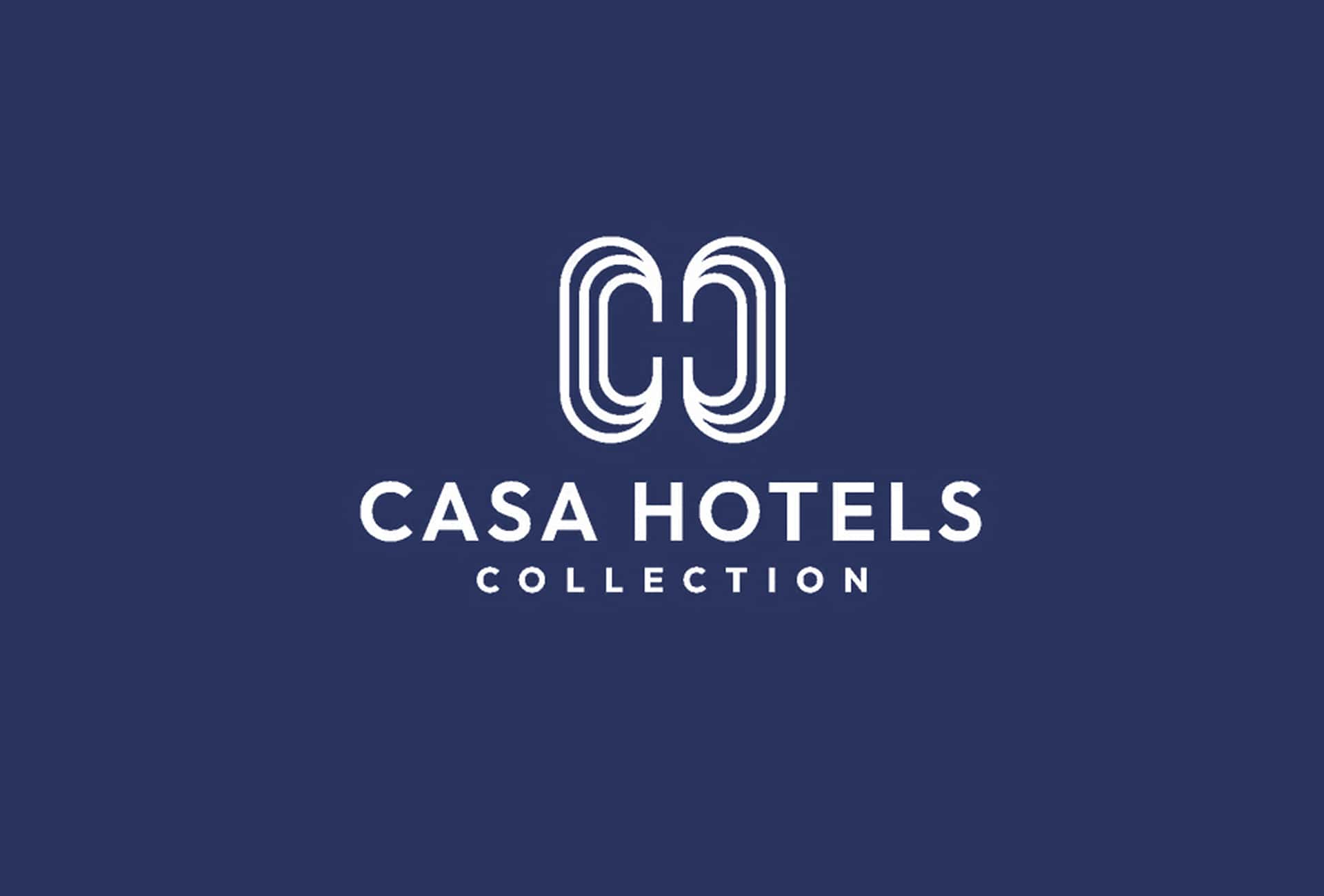 A dark blue background with a white logo for "CASA HOTELS COLLECTION" featuring a stylized, intertwined 'C' and 'H' monogram above the text.