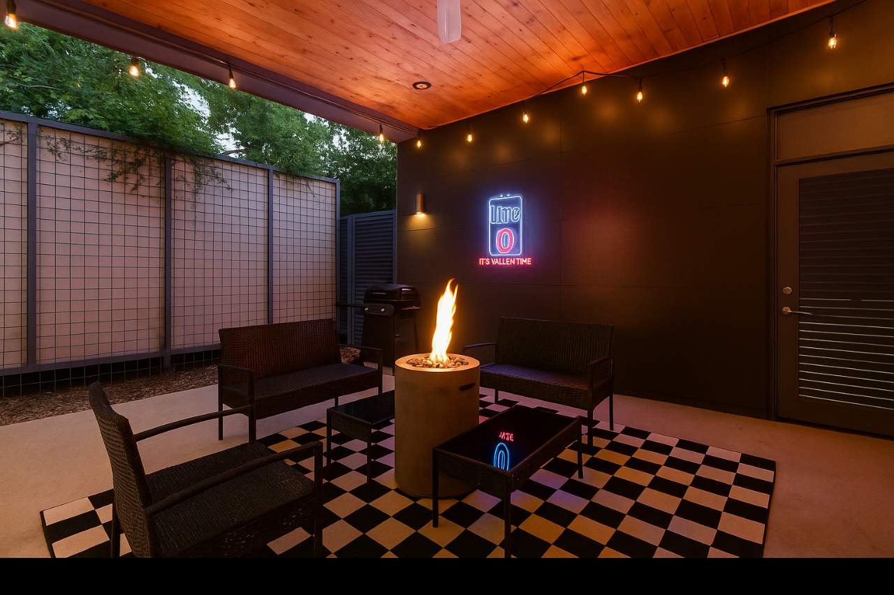 A covered outdoor patio with a fire pit at its center, surrounded by dark wicker seating on a black and white checkered rug. String lights illuminate the space, and a neon sign adds a playful touch.