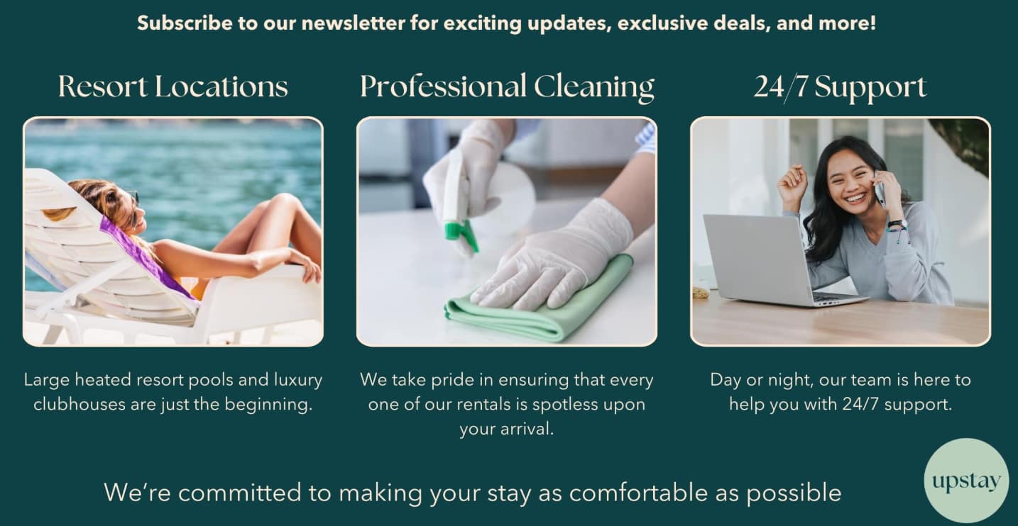 A promotional graphic for Upstay, featuring three panels: 'Resort Locations' with a woman by a pool, 'Professional Cleaning' with hands cleaning a surface, and '24/7 Support' with a woman on a laptop and phone.