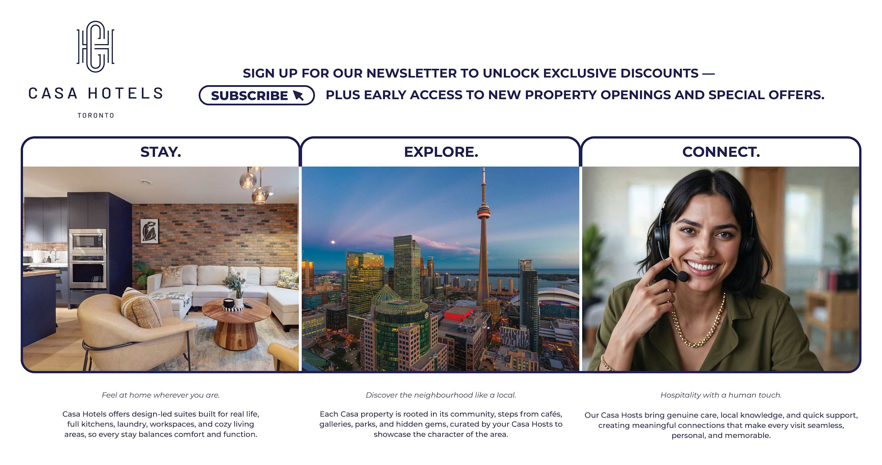 Marketing graphic for Casa Hotels, featuring three panels: 'Stay' with an interior shot of a living room and kitchen, 'Explore' with a city skyline, and 'Connect' with a smiling woman. Includes a newsletter signup prompt.