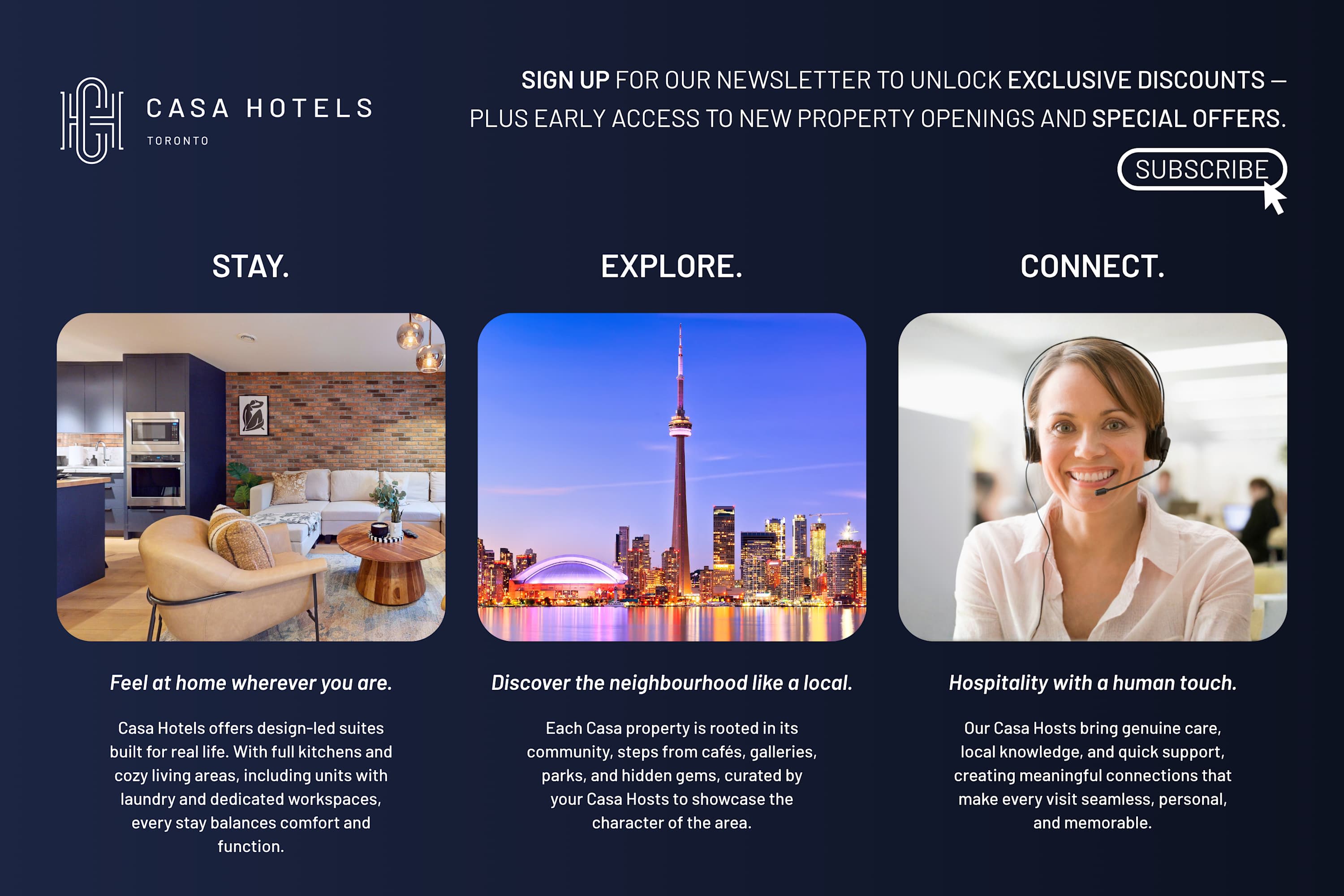 A promotional graphic for Casa Hotels Toronto highlights "STAY.", "EXPLORE.", and "CONNECT." with images of a modern living space, the Toronto skyline, and a customer service representative.