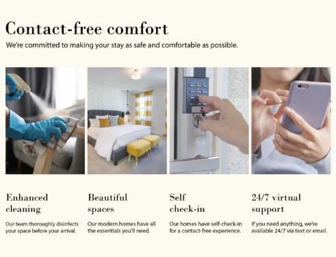 A marketing collage promoting 'Contact-free comfort' services, featuring four panels: enhanced cleaning with a person disinfecting, a modern bedroom with yellow accents, self check-in via a digital keypad, and 24/7 virtual support shown with a smartphone.