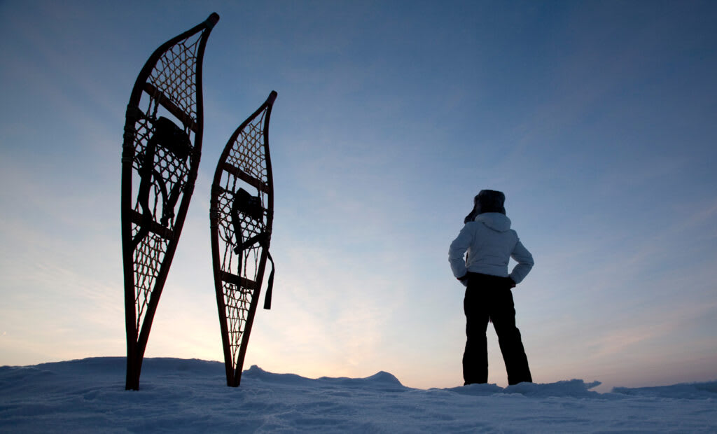 Scenic outdoor shot at dusk or dawn, depicting a person silhouetted against a soft sky, standing in a snow-covered landscape next to two large, upright snowshoes.