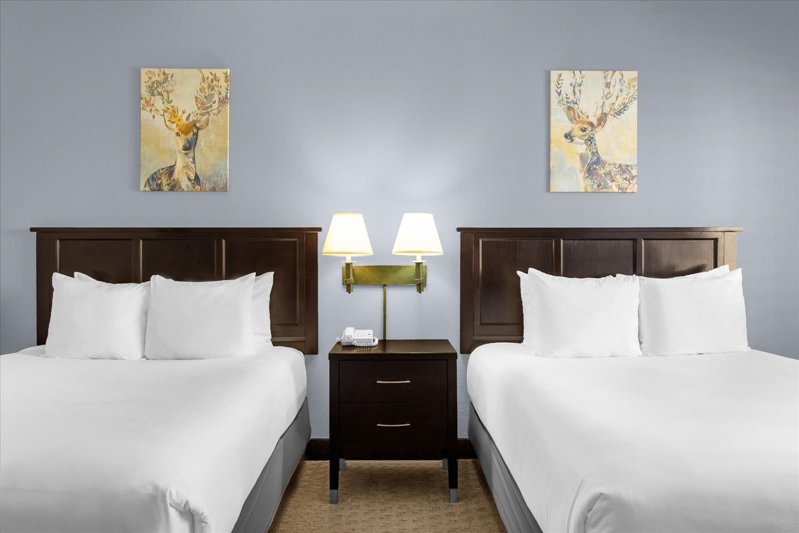 A cozy studio bedroom featuring two beds with dark wood headboards and white bedding, separated by a dark wood nightstand with two lamps. The light blue wall is decorated with two framed deer artworks, and the floor is carpeted.