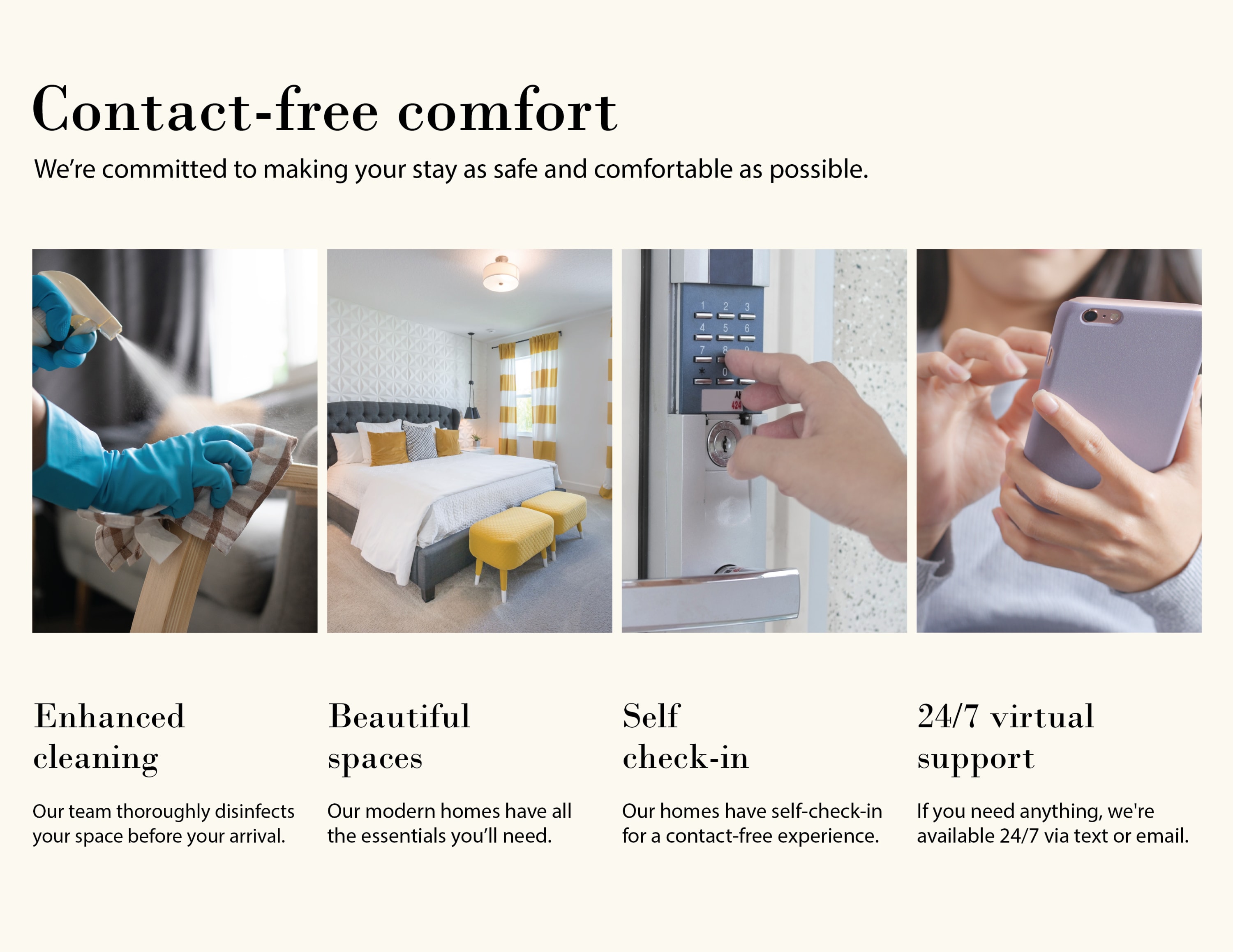 A marketing collage promoting 'Contact-free comfort' with four panels: enhanced cleaning, beautiful spaces (bedroom), self check-in (keypad), and 24/7 virtual support (person with phone).